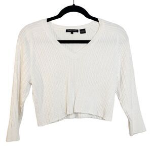 Jeanne Pierre Cable Knit 3/4 Sleeve Cropped Sweater Top White Size Large